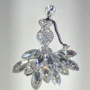 Elegant Silver Tone Lady in Dress Crystal Rhinestone Brooch